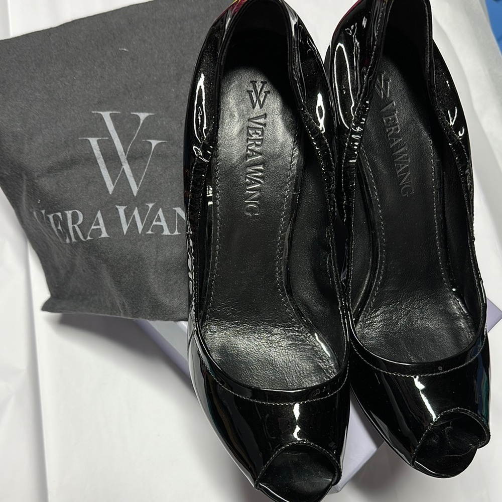 Vera Wang Black Patent Leather Peep Toe Wedge Heels
